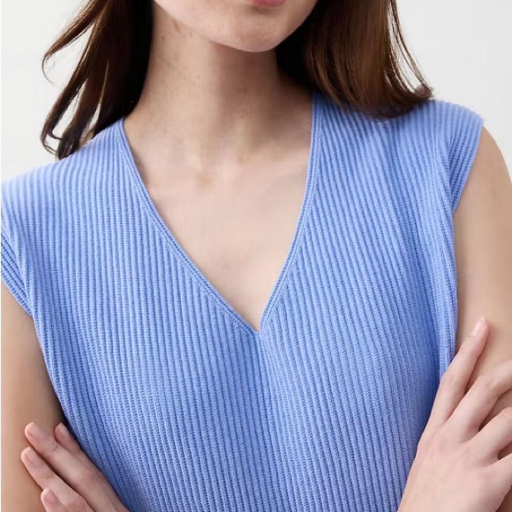 Stylish Blue Ribbed Sweater V-Neck Top